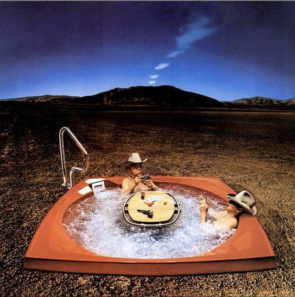 An advertisement from the 1980's shows two cowboys playing poker in a hot tub